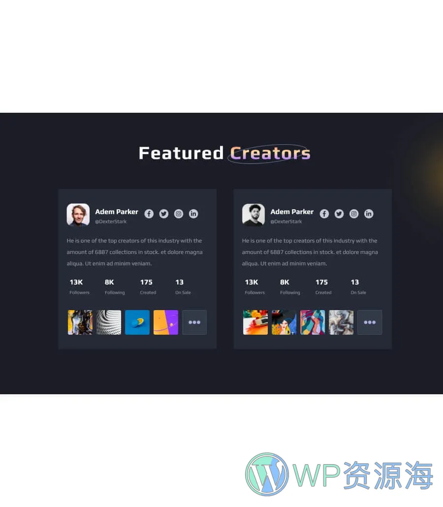NFT项目企业Gutenberg网站模板_一键导入快速建站插图8-WP资源海 NFTLibrary Featured Creator section For Gutenberg