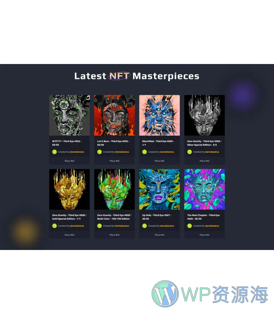 NFT项目企业Gutenberg网站模板_一键导入快速建站插图9-WP资源海 NFTLibrary Collection Grid section For Gutenberg