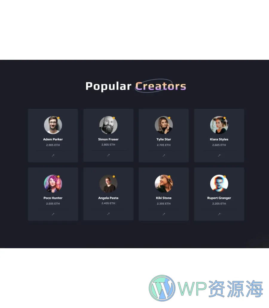 NFT项目企业Gutenberg网站模板_一键导入快速建站插图10-WP资源海 NFTLibrary Creator List section For Gutenberg