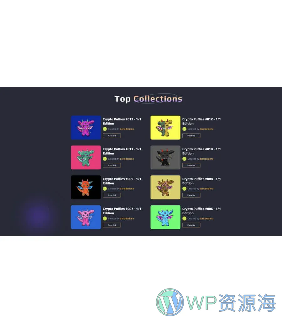 NFT项目企业Gutenberg网站模板_一键导入快速建站插图12-WP资源海 NFTLibrary Collection List section For Gutenberg