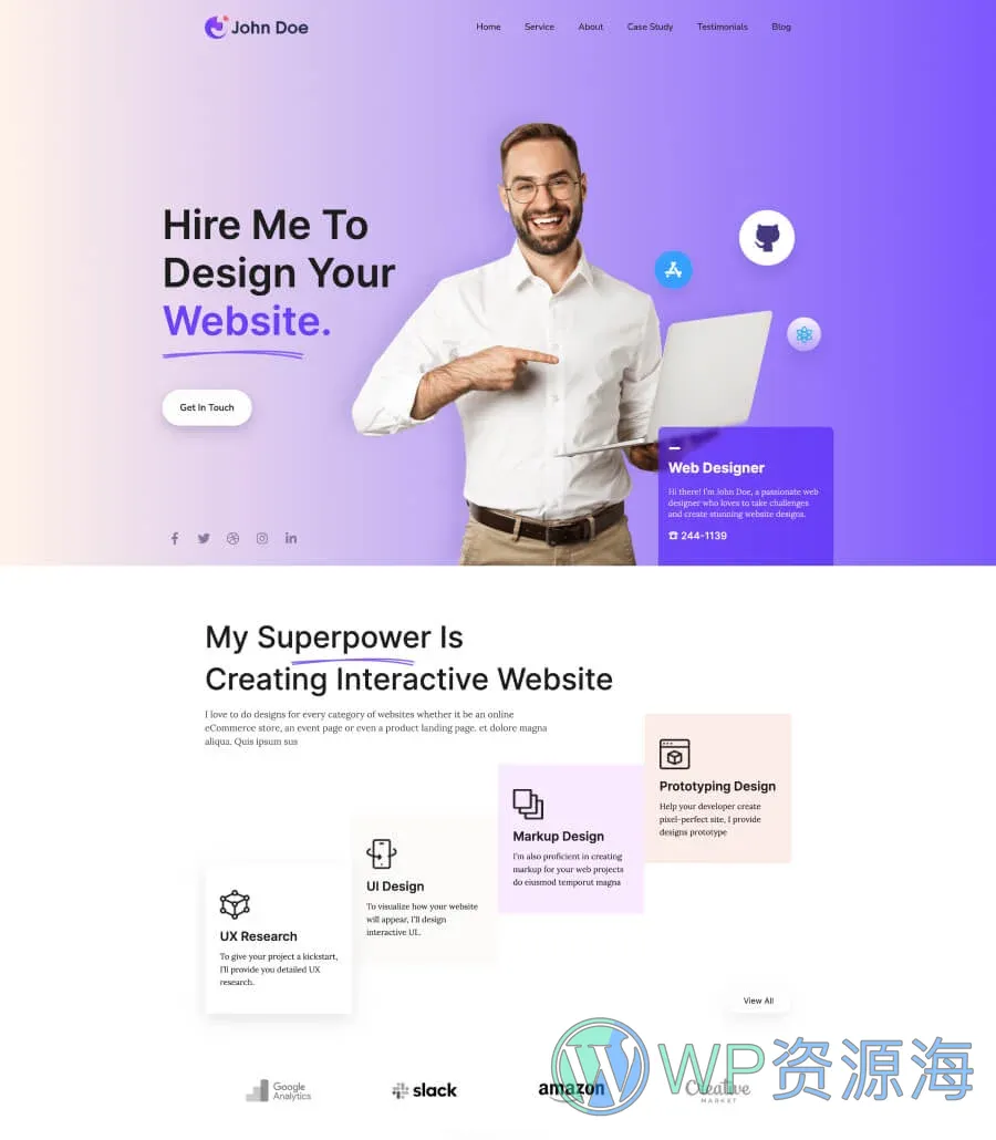 个人作品集Gutenberg网站模板_一键导入快速建站插图1-WP资源海 John Doe Landing Page For Gutenberg