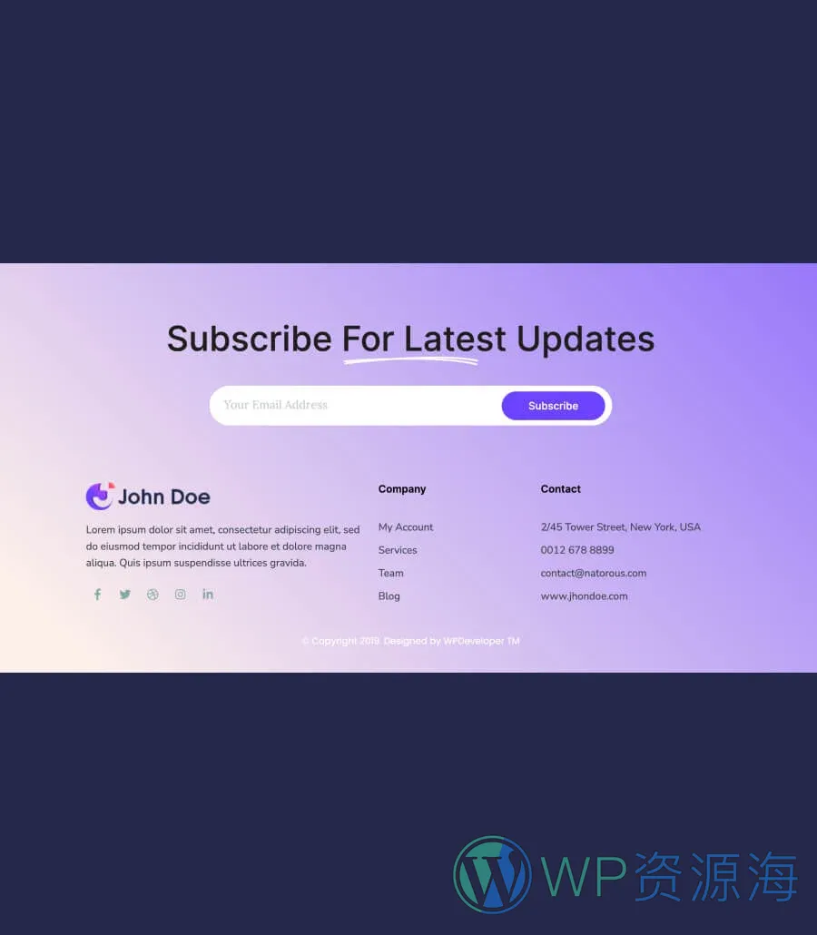 个人作品集Gutenberg网站模板_一键导入快速建站插图8-WP资源海 John Doe Footer Section For Gutenberg