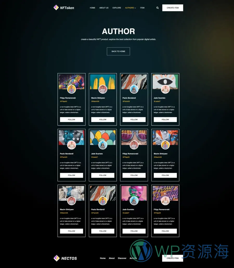NFT项目机构Gutenberg网站模板_一键导入快速建站插图2-WP资源海 NFToken Author Page For Gutenberg