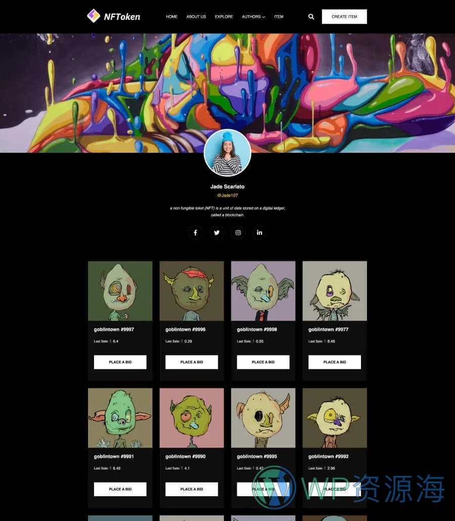 NFT项目机构Gutenberg网站模板_一键导入快速建站插图3-WP资源海 NFToken Author Details Page For Gutenberg