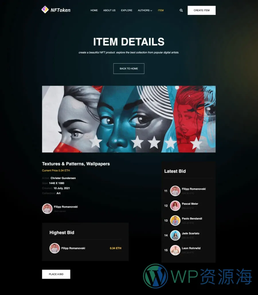 NFT项目机构Gutenberg网站模板_一键导入快速建站插图6-WP资源海 NFToken Item Details Page For Gutenberg