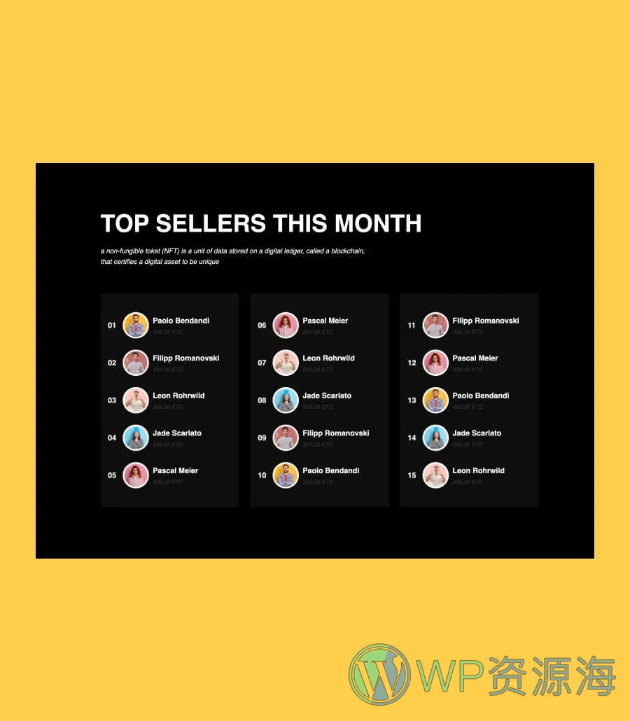 NFT项目机构Gutenberg网站模板_一键导入快速建站插图9-WP资源海 NFToken Top Seller Section For Gutenberg