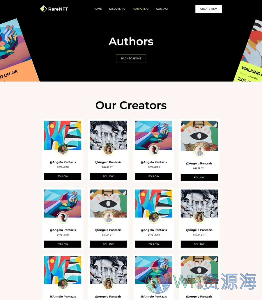 NFT项目机构Gutenberg网站模板_一键导入快速建站插图2-WP资源海 RareNFT Author Page For Gutenberg