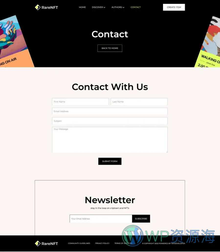 NFT项目机构Gutenberg网站模板_一键导入快速建站插图4-WP资源海 RareNFT Contact Page For Gutenberg