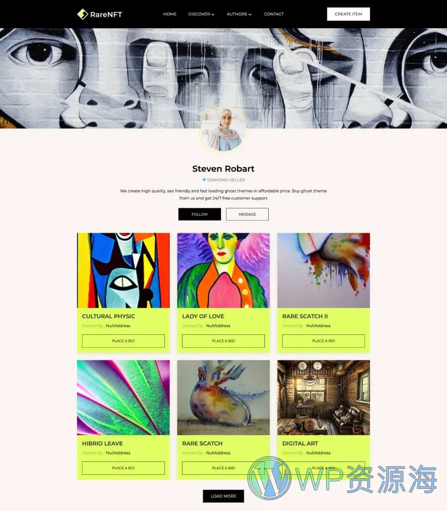 NFT项目机构Gutenberg网站模板_一键导入快速建站插图3-WP资源海 RareNFT Author Details Page For Gutenberg