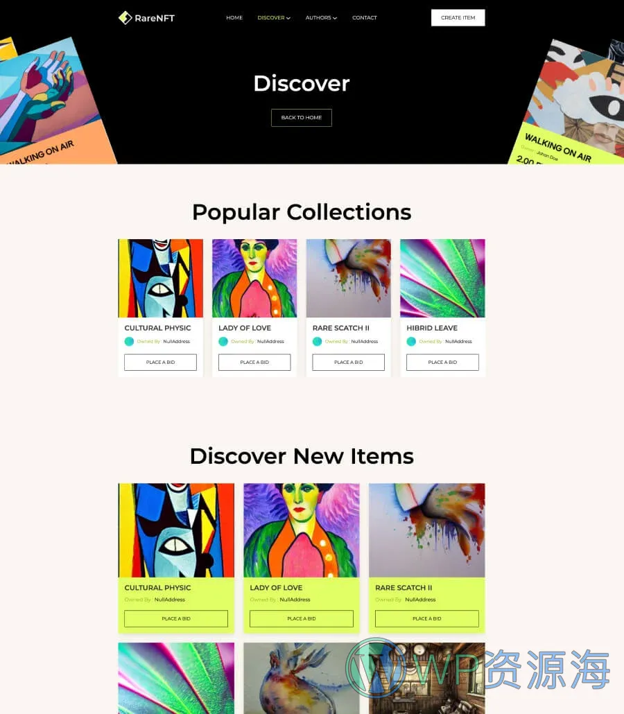 NFT项目机构Gutenberg网站模板_一键导入快速建站插图5-WP资源海 RareNFT Discover Page For Gutenberg