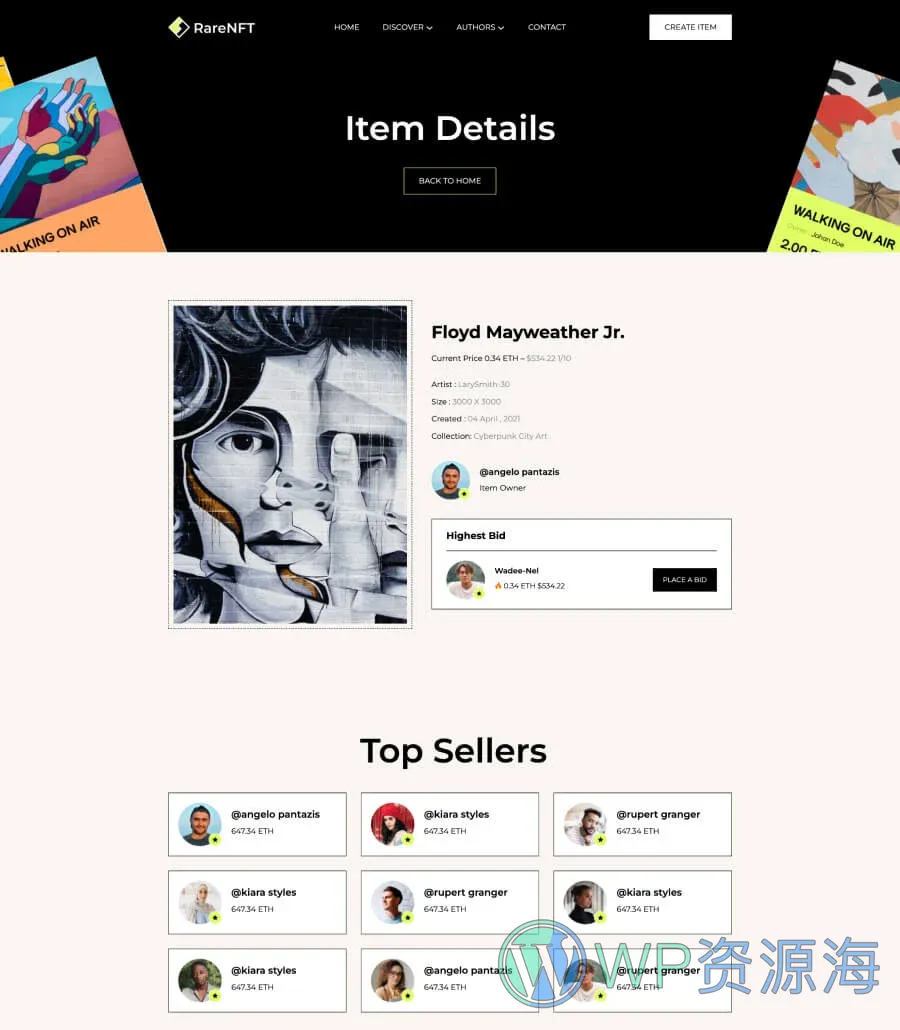 NFT项目机构Gutenberg网站模板_一键导入快速建站插图6-WP资源海 RareNFT Item Details Page For Gutenberg