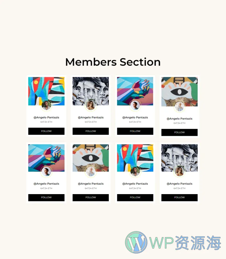 NFT项目机构Gutenberg网站模板_一键导入快速建站插图9-WP资源海 RareNFT Members Section For Gutenberg