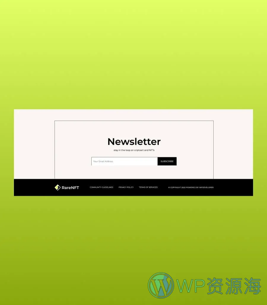 NFT项目机构Gutenberg网站模板_一键导入快速建站插图11-WP资源海 RareNFT Footer Section For Gutenberg