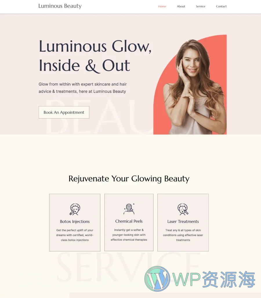 美容护肤Gutenberg网站模板_一键导入快速建站插图1-WP资源海 Luminous Beauty Home Page For Gutenberg