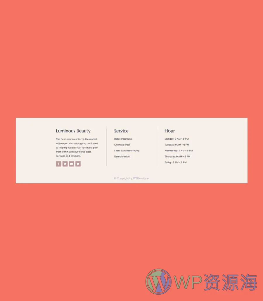 美容护肤Gutenberg网站模板_一键导入快速建站插图7-WP资源海 Luminous Beauty Footer Section For Gutenberg