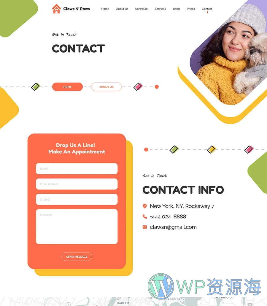 宠物服务Elementor网站模板_一键导入快速建站插图4-WP资源海 Claws & Paws Contact Page