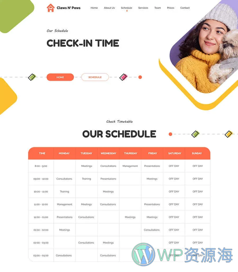 宠物服务Elementor网站模板_一键导入快速建站插图5-WP资源海 Claws & Paws Schedule Page