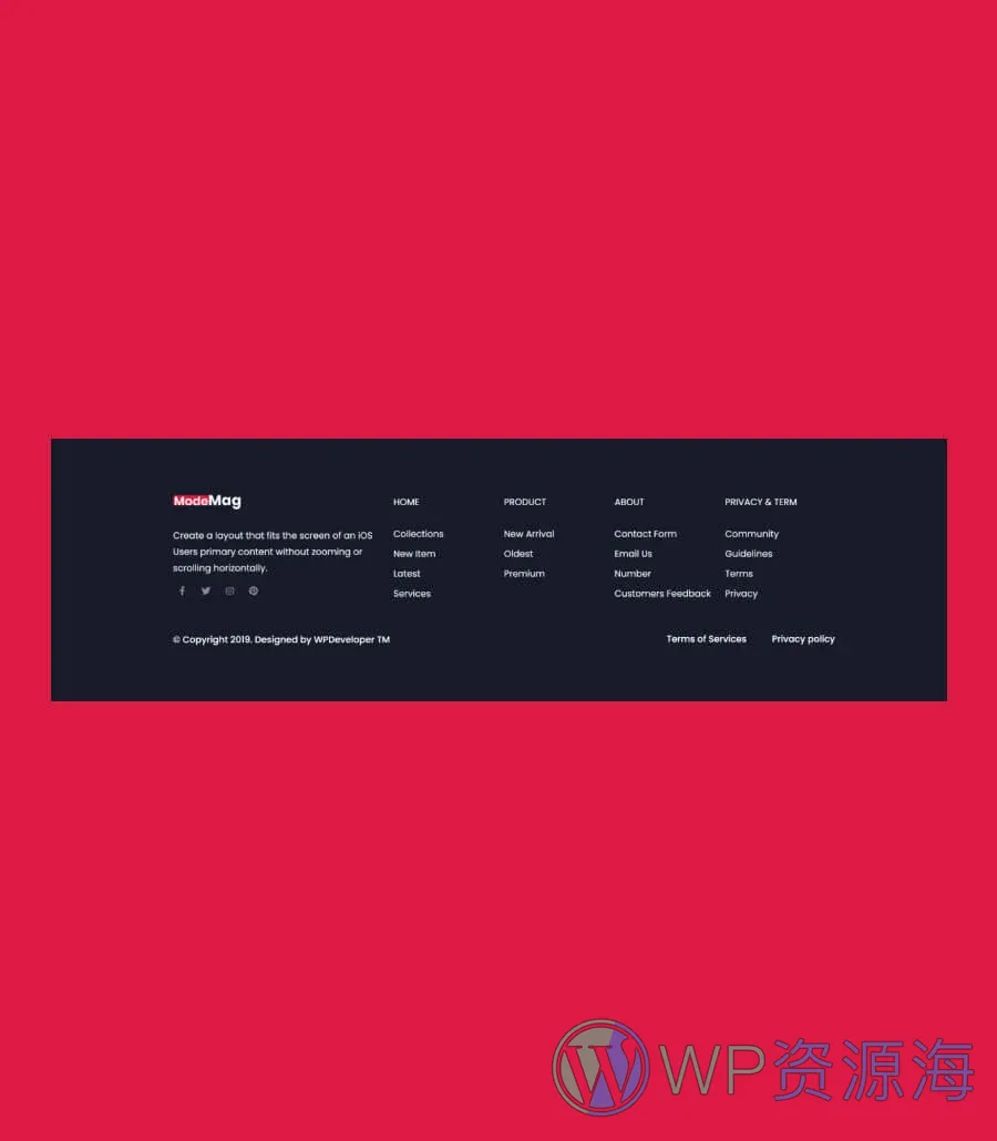 时尚杂志Gutenberg网站模板_一键导入快速建站插图4-WP资源海 Modemag Footer Section For Gutenberg