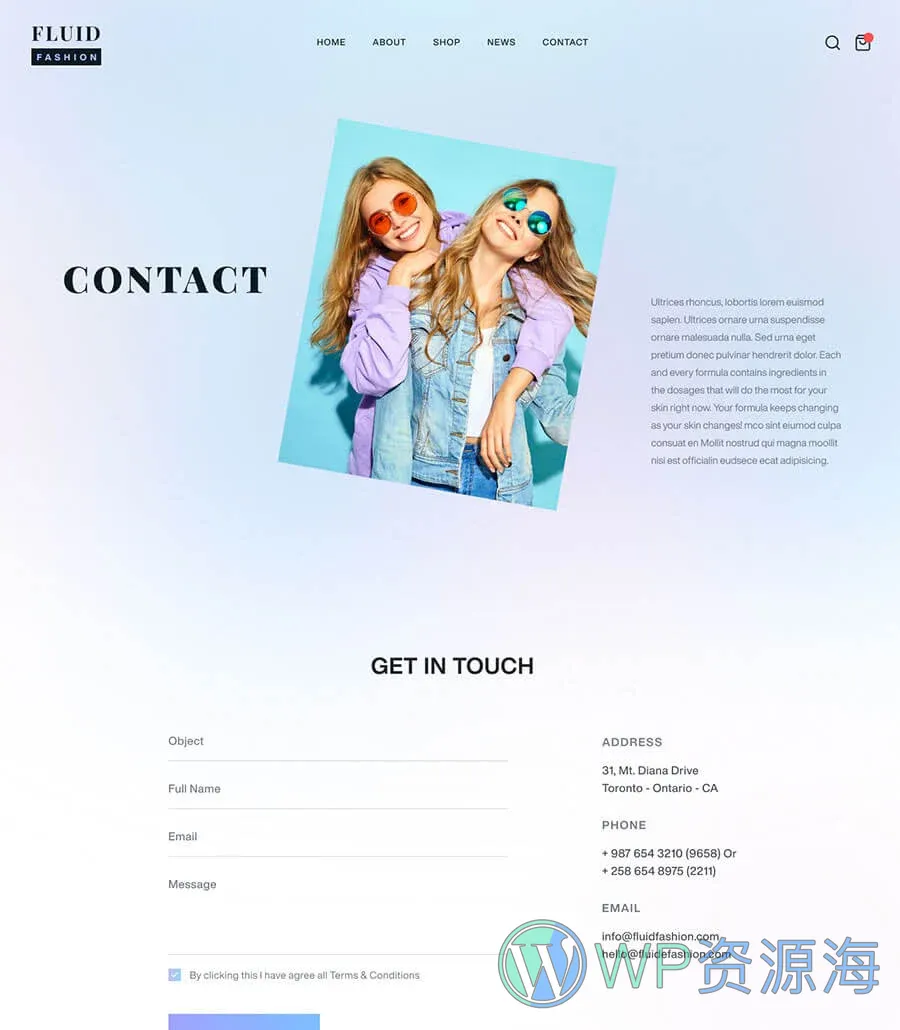 WooCommerce 服装店Elementor网站模板_一键导入快速建站插图4-WP资源海 Fluid Fashion Contact Page