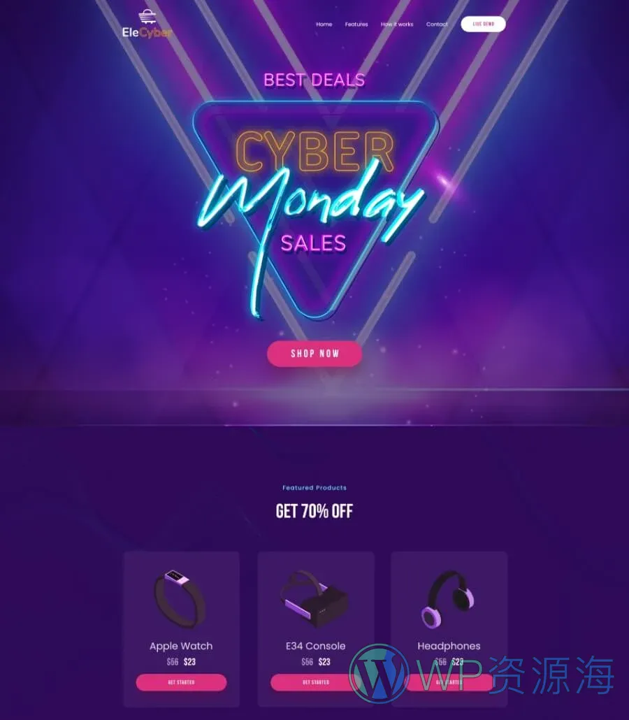 网络星期一促销 落地页Elementor网站模板_一键导入快速建站插图1-WP资源海 EleCyber Landing Page