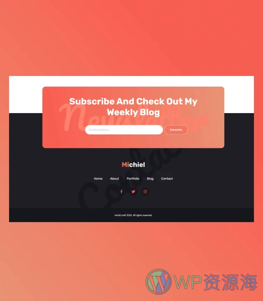 Web 开发者个人Gutenberg网站模板_一键导入快速建站插图10-WP资源海 Michiel Footer Section For Gutenberg