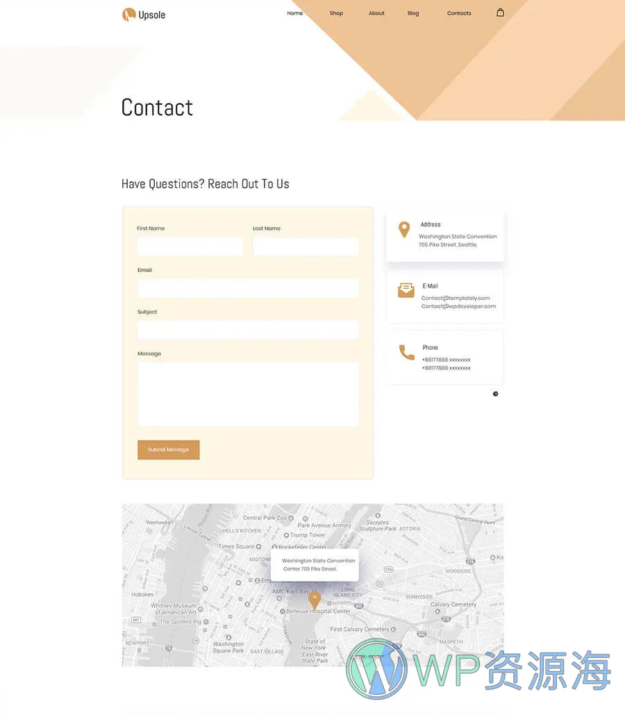 WooCommerce 鞋店Elementor网站模板_一键导入快速建站插图4-WP资源海 Upsole Contact Page