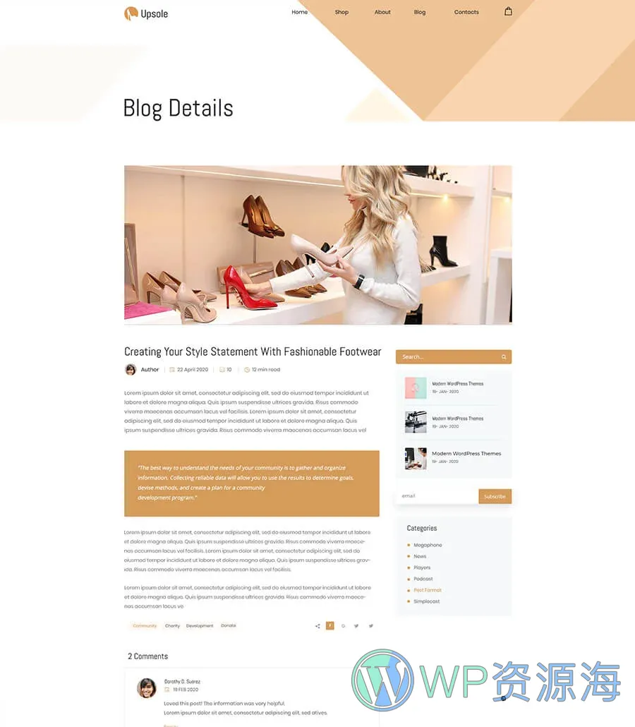 WooCommerce 鞋店Elementor网站模板_一键导入快速建站插图6-WP资源海 Upsole Blog Details Page