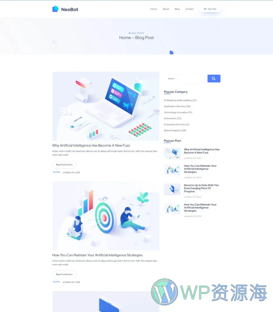 AI 初创Gutenberg网站模板_一键导入快速建站插图4-WP资源海 NeoBot Blog Page For Gutenberg