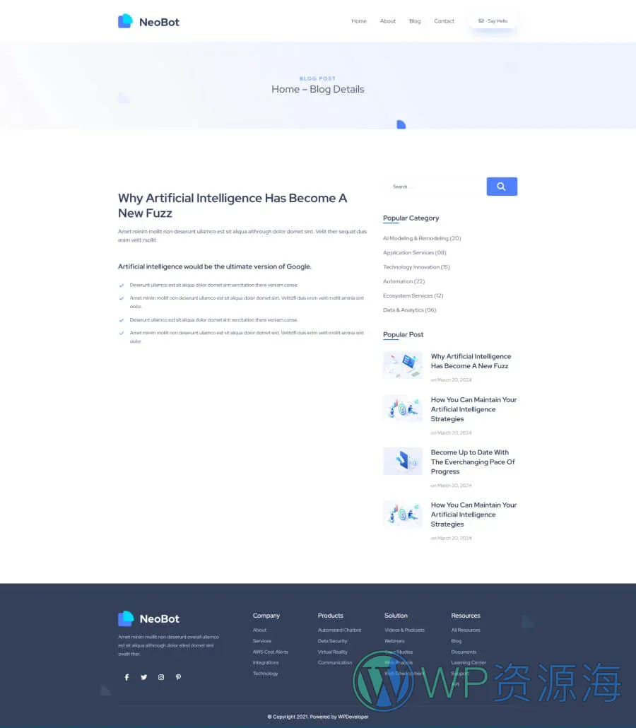 AI 初创Gutenberg网站模板_一键导入快速建站插图5-WP资源海 NeoBot Blog Details Page For Gutenberg