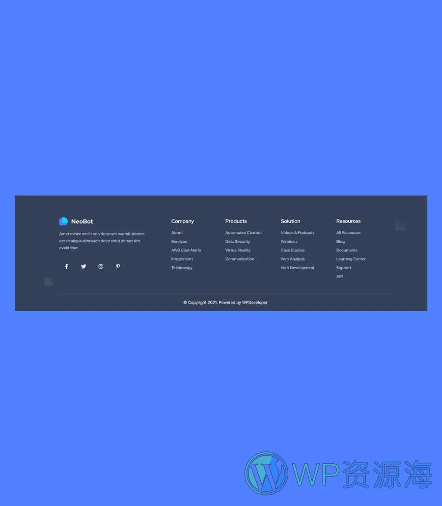 AI 初创Gutenberg网站模板_一键导入快速建站插图11-WP资源海 NeoBot Footer Section For Gutenberg