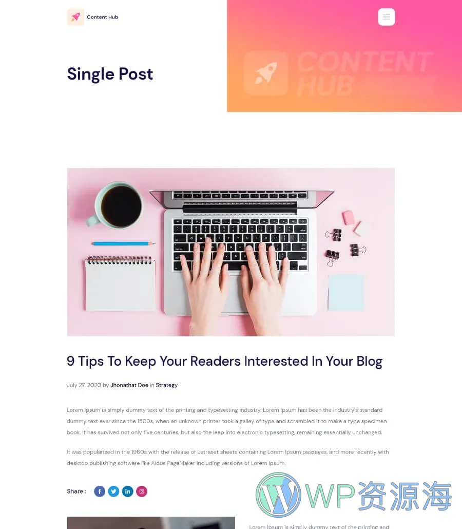 内容中心 – 内容营销Elementor网站模板_一键导入快速建站插图5-WP资源海 Content Hub Blog Details Page