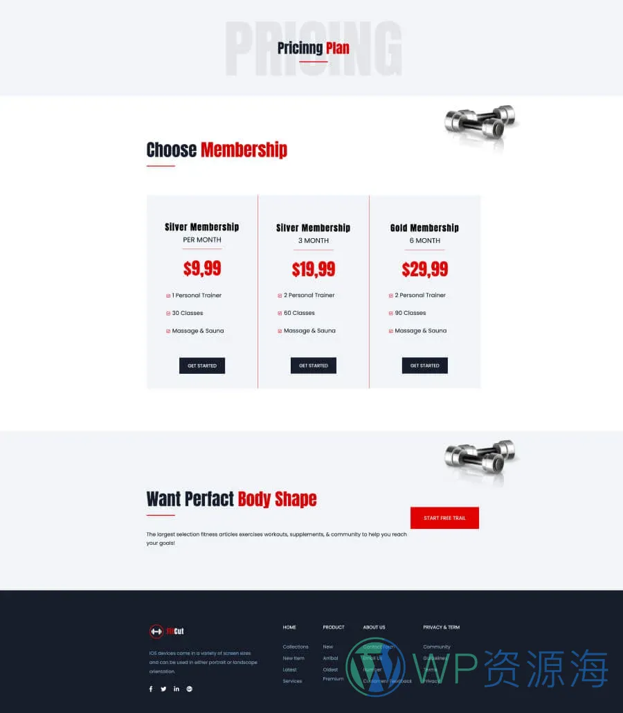 极简健身Gutenberg网站模板_一键导入快速建站插图2-WP资源海 FitCut Pricing Page For Gutenberg