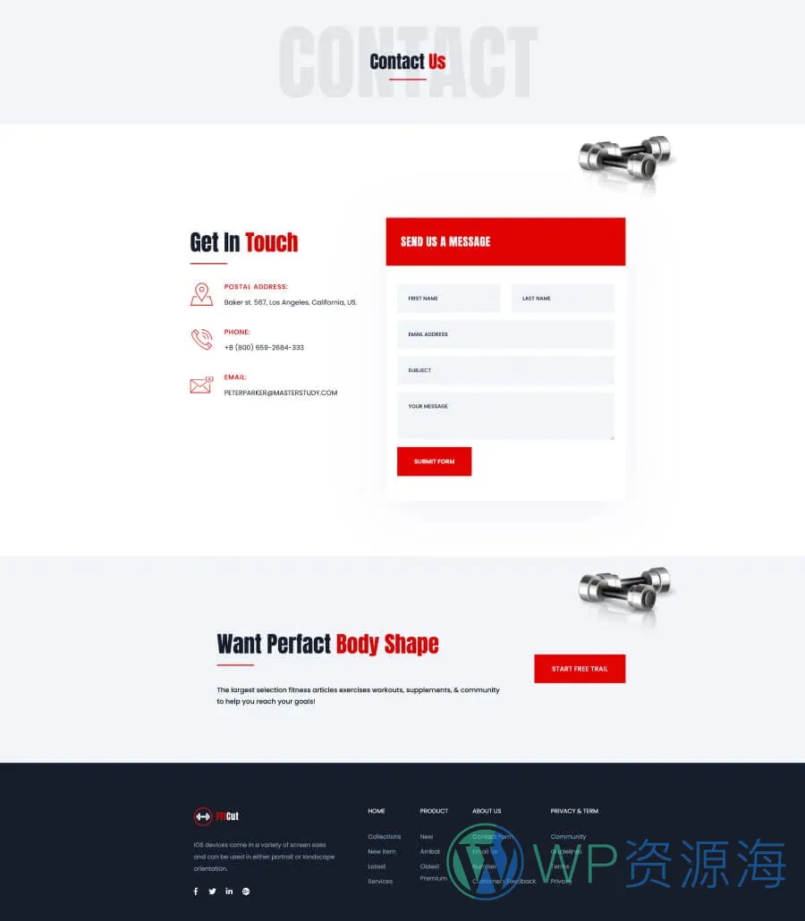 极简健身Gutenberg网站模板_一键导入快速建站插图4-WP资源海 FitCut Contact Page For Gutenberg
