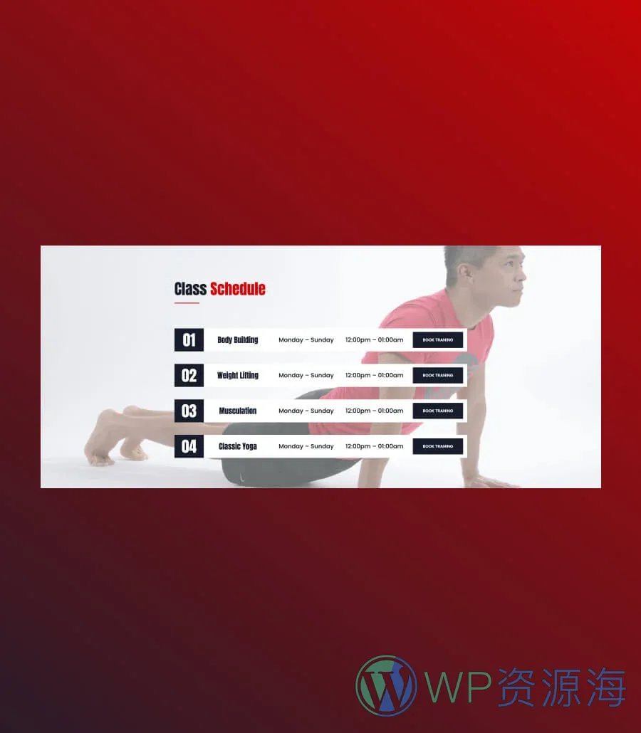 极简健身Gutenberg网站模板_一键导入快速建站插图11-WP资源海 FitCut Class Schedule Section For Gutenberg
