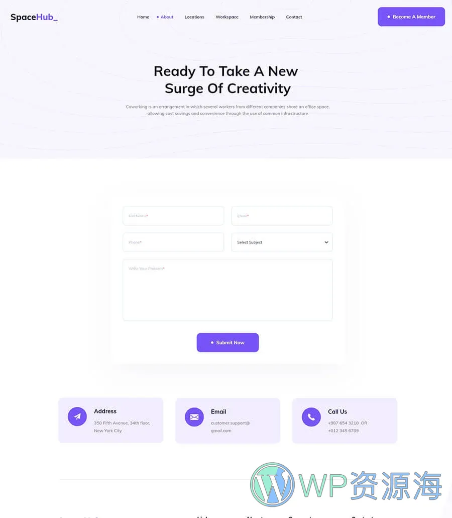 共享办公空间Elementor网站模板_一键导入快速建站插图3-WP资源海 Space Hub Contact Page