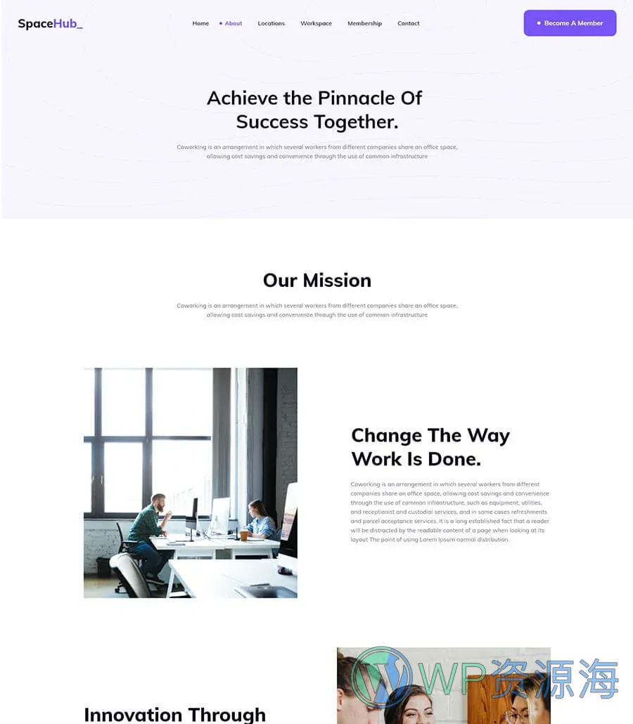 共享办公空间Elementor网站模板_一键导入快速建站插图2-WP资源海 Space Hub About Page