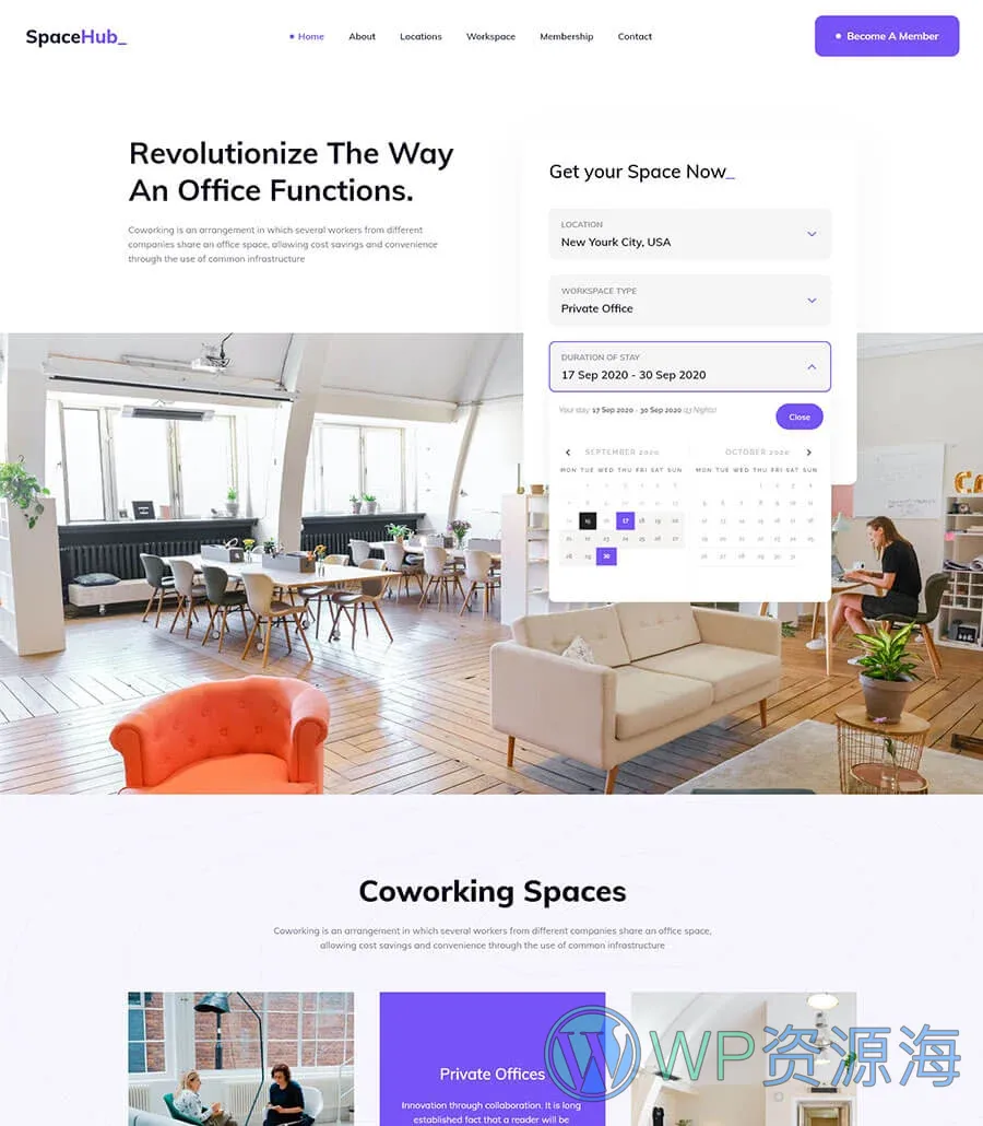 共享办公空间Elementor网站模板_一键导入快速建站插图1-WP资源海 Space Hub Home Page