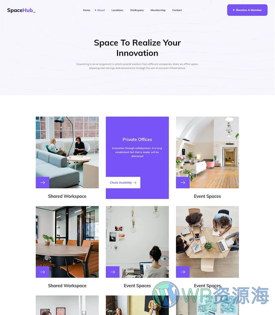 共享办公空间Elementor网站模板_一键导入快速建站插图5-WP资源海 Space Hub Workspace Page