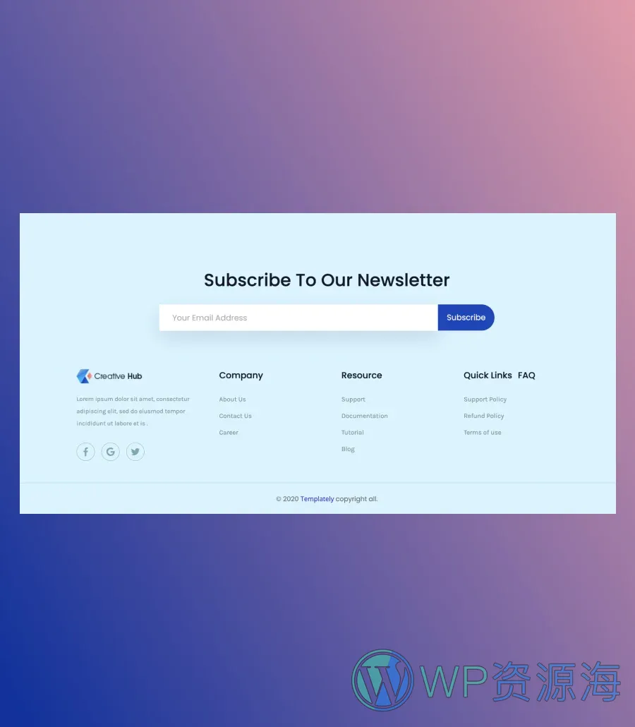 设计工作室Gutenberg网站模板_一键导入快速建站插图12-WP资源海 Creative Hub Footer Section For Gutenberg