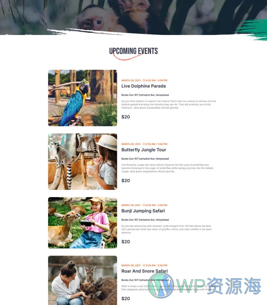 野生动物园 版Gutenberg网站模板_一键导入快速建站插图3-WP资源海 Zoo Park Events Page For Gutenberg