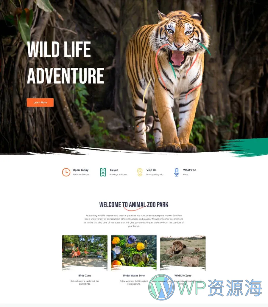野生动物园 版Gutenberg网站模板_一键导入快速建站插图1-WP资源海 Zoo Park Home Page For Gutenberg