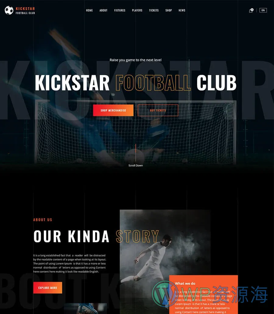体育俱乐部Elementor网站模板_一键导入快速建站插图1-WP资源海 KickStar Home Page