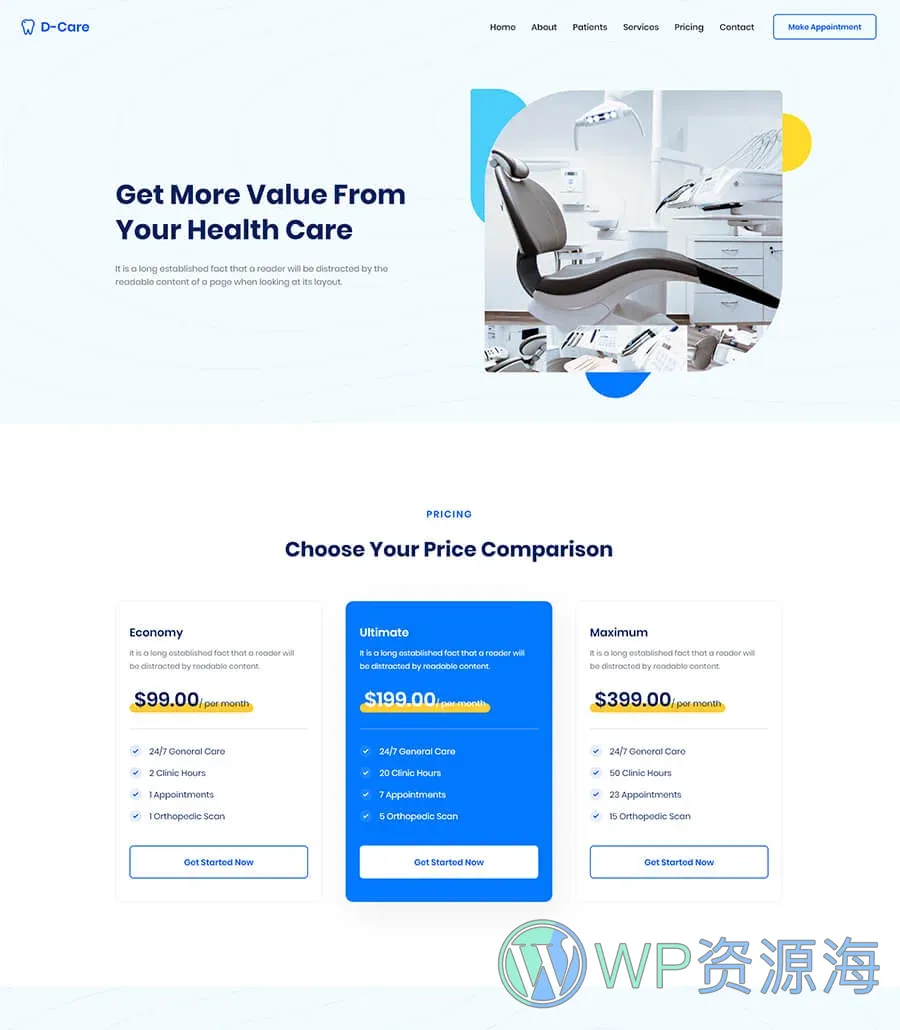 快速建站Elementor网站模板_一键导入快速建站插图3-WP资源海 D-Care Pricing Page