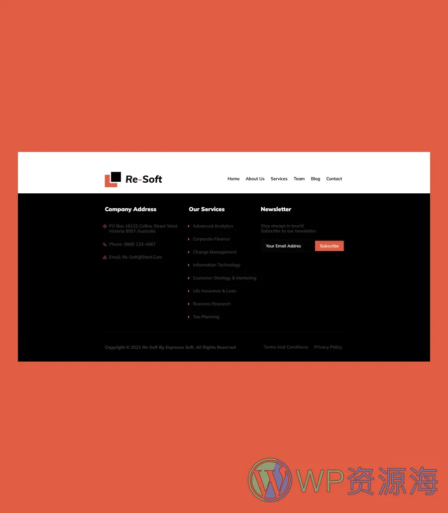 金融服务机构Gutenberg网站模板_一键导入快速建站插图12-WP资源海 Re-Soft Footer Section For Gutenberg