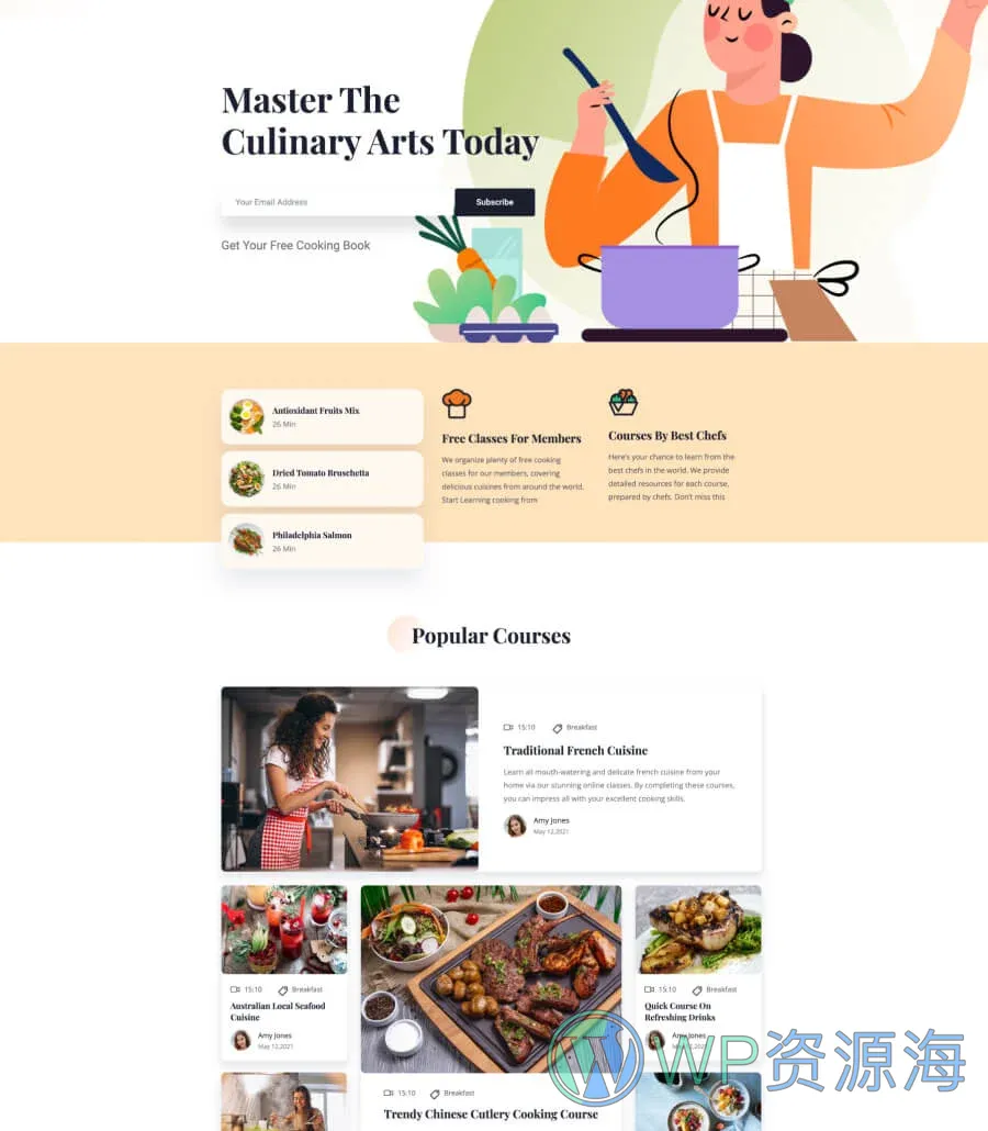 烹饪课程Gutenberg网站模板_一键导入快速建站插图1-WP资源海 Bitesize Home Page For Gutenberg
