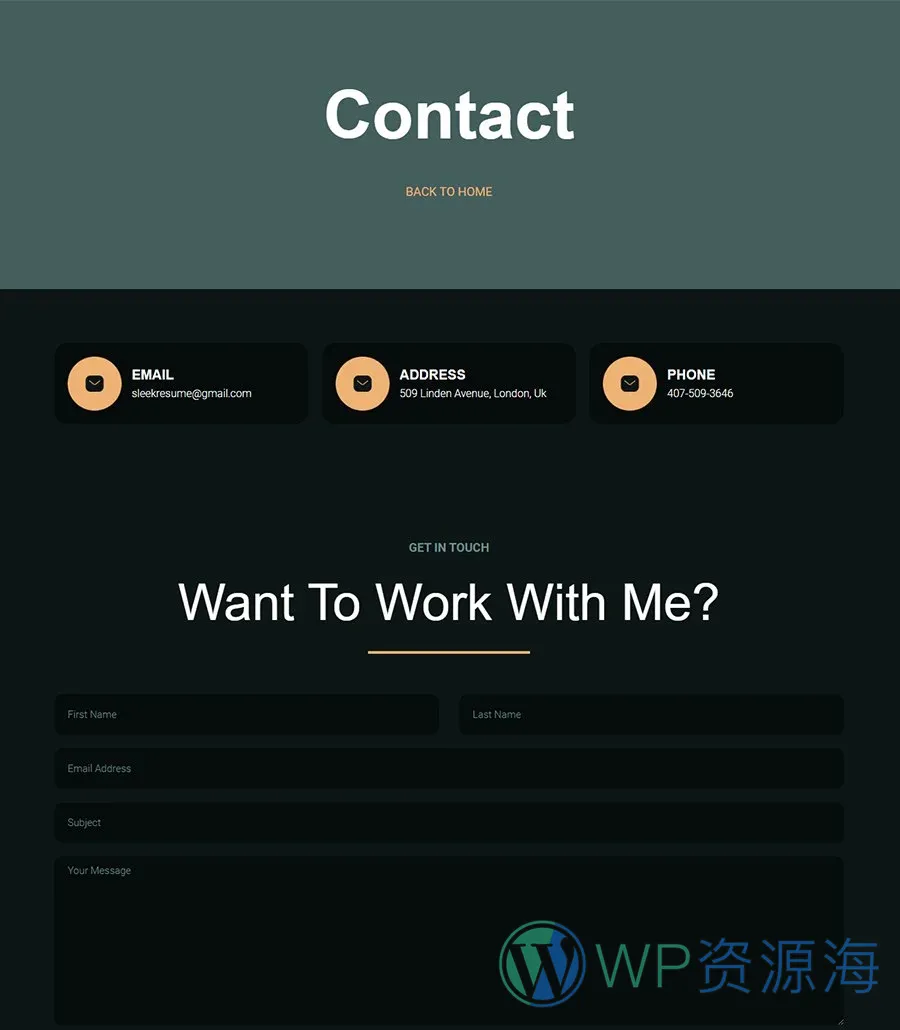 个人简历Gutenberg网站模板_一键导入快速建站插图3-WP资源海 SleekResume Contact Page For Gutenberg