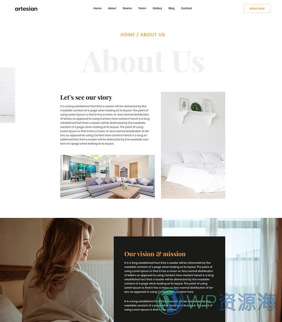 酒店与度假村Elementor网站模板_一键导入快速建站插图2-WP资源海 Blue Orchid About Page