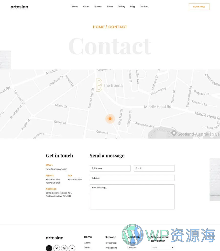 酒店与度假村Elementor网站模板_一键导入快速建站插图3-WP资源海 Blue Orchid Contact Page