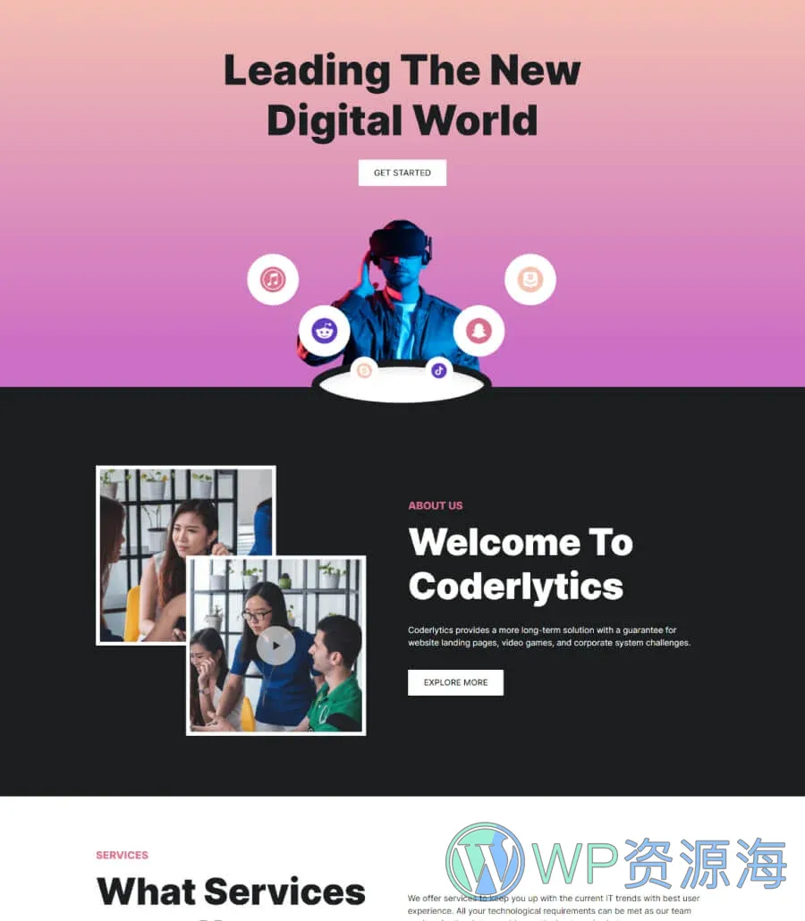 软件公司Gutenberg网站模板_一键导入快速建站插图1-WP资源海 Coderlytics Home Page For Gutenberg