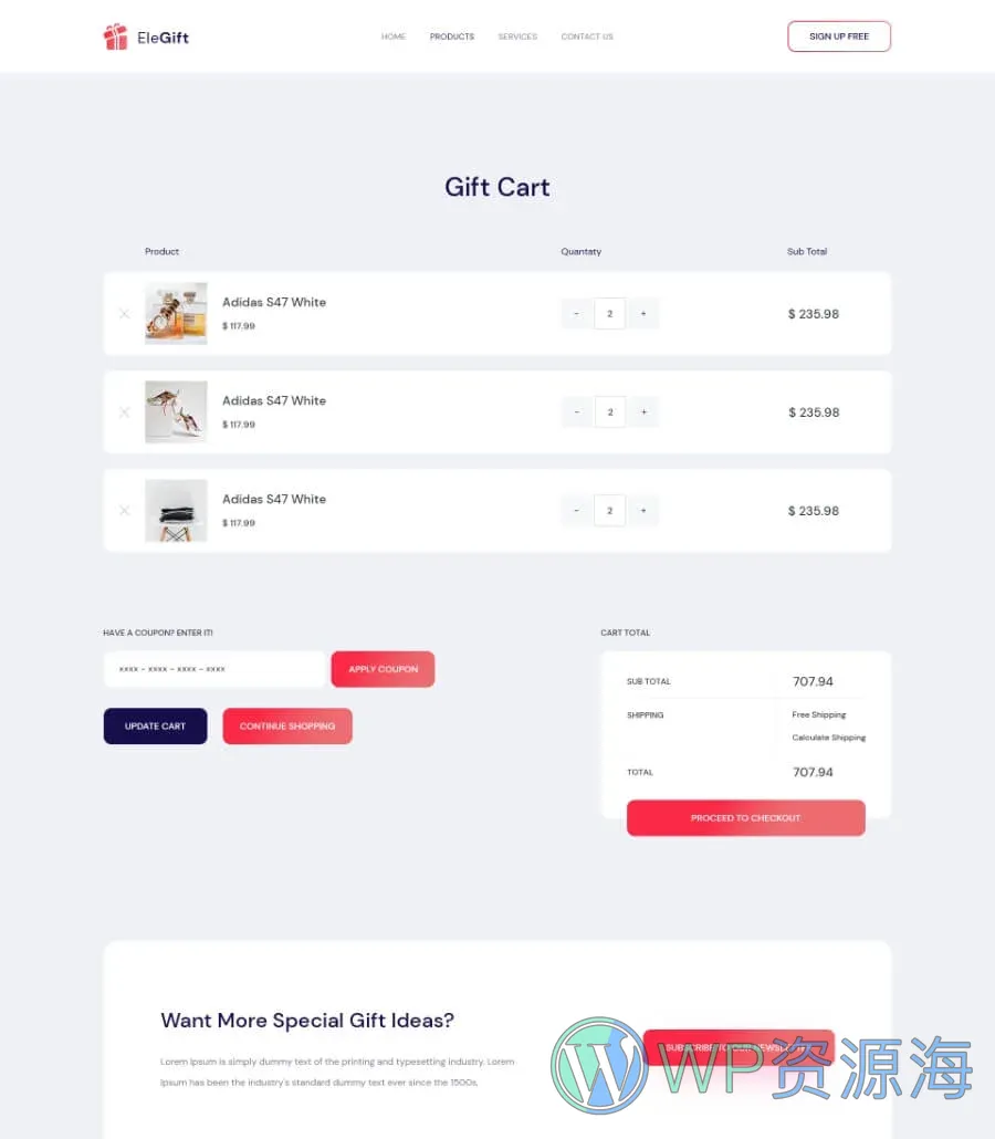 礼品电商Elementor网站模板_一键导入快速建站插图2-WP资源海 EleGift Cart Page